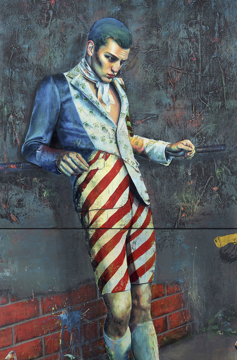 Gemälde: Mann in blauem Jackett und gestreifter Shorts, Flamingos und Graffiti, Mischung aus Pop-Art und Ironie