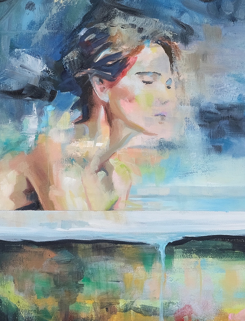 Gemälde einer Frau, die verträumt in einer Badewanne sitzt. Der Hintergrund ist farbig-expressiv, zwischen Tagtraum und Aufbruchsstimmung.