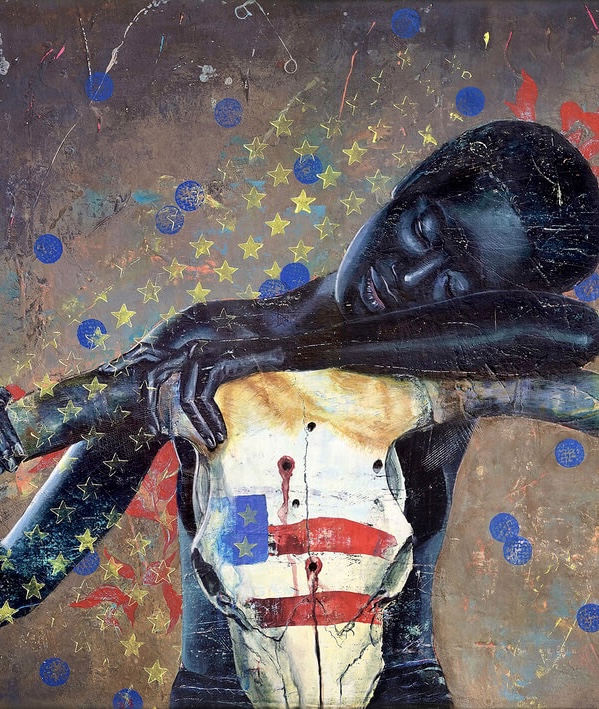 28 Flaggenjäger – zeitgenössische Acrylmalerei von Carolin Okon, kritische Auseinandersetzung mit EU, Flaggen und Machtstrukturen. Zeitgenössisches Acrylgemälde 28 Flaggenjäger über EU-Kritik, Machtstrukturen und gesellschaftlichen Kommentar