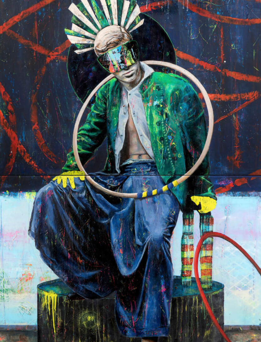 Acid Bubbling – ein Porträt zwischen Spektakel, Stolz und Farbrausch. Ein Mann mit futuristischer Sonnenbrille, grünem Jackett und weit geschnittener Hose sitzt auf einem Fass. Acid Smiley.