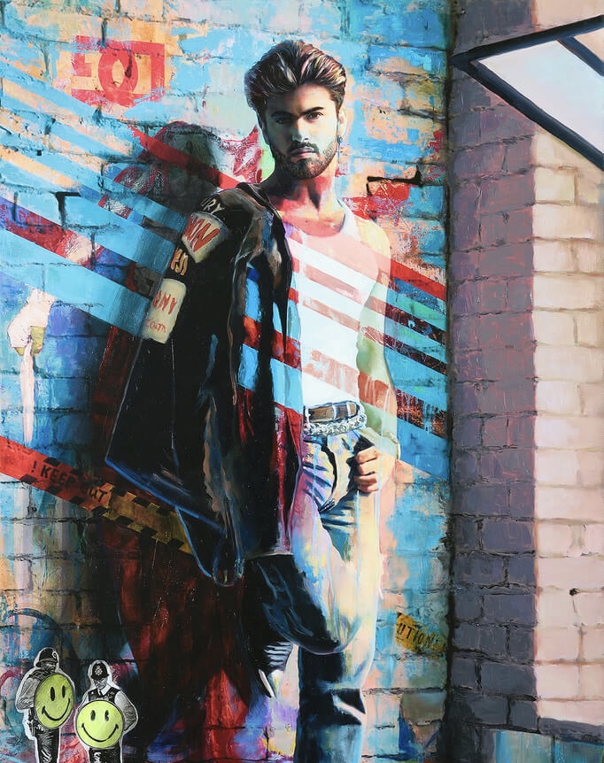 Baboy – George Michael Porträt in zeitgenössischer Malerei von Carolin Okon. Gemälde: Porträt von George Michael, poppig und farbintensiv, zeitgenössische Hommage in Malerei