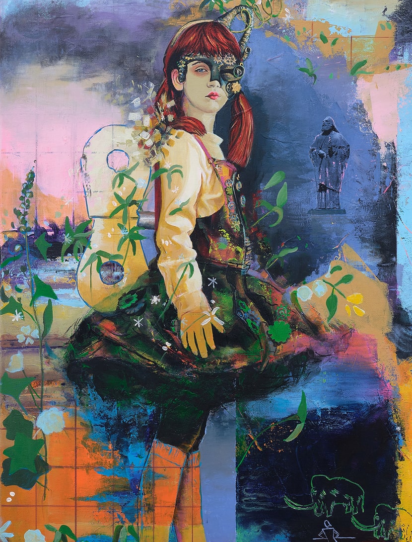 Manche sitzen geistig noch in der Höhle und beißen morgens lieber ins Mammut Mädchen mit steampunk Maske und Rock,  im Rücken einen Aufziehschlüssel. Grüne Mammuts werden von Strichmännchen gejagt.