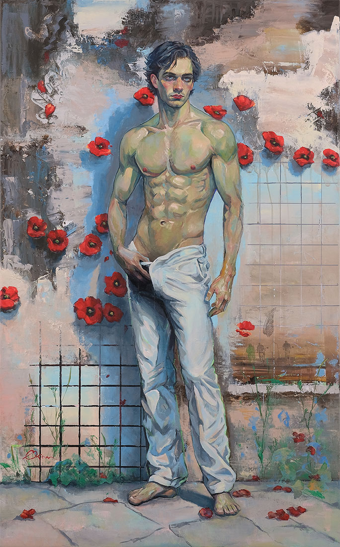 Zwischen Kraft und Zartheit – Ein Gemälde voller stiller Poesie Ein muskulöser, junger Mann in athletischer Körperhaltung. Weiße Hose, Mohnblumen berichten von Verletzlichkeit und Melancholie.