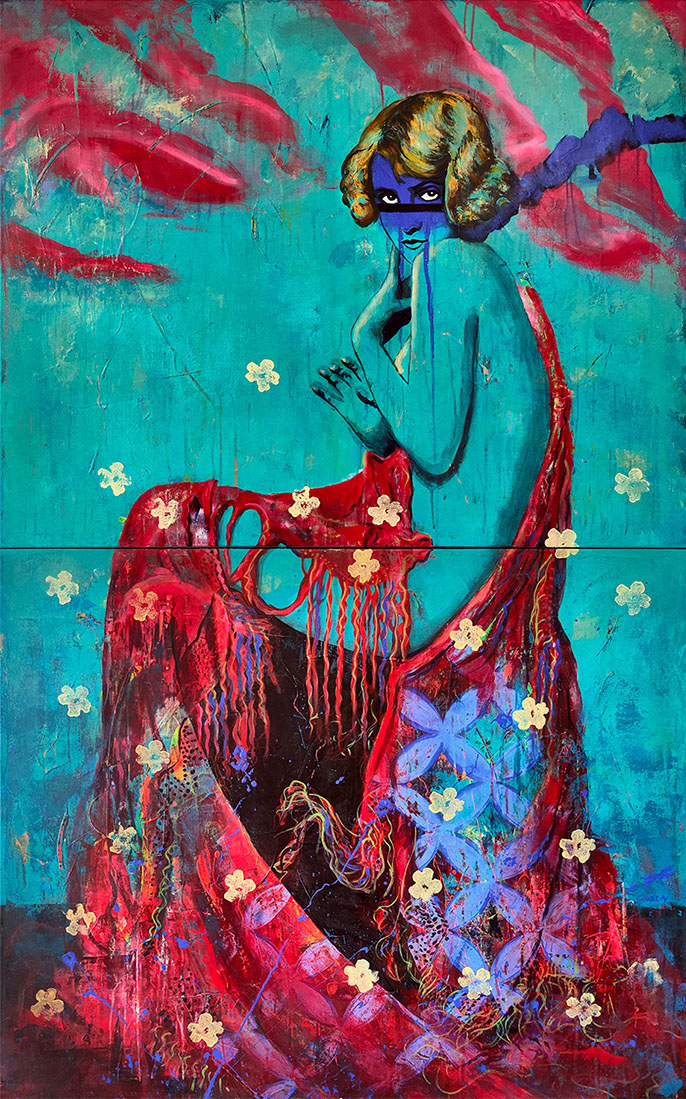 Mondrakete – Zärtlich rebellisch, leuchtet sie durch die Nacht. Sitzende Frau mit blauer Haut, goldblondem Haar und rotem Tuch, das sich über den Boden ergießt. Goldene Blüten, rote Wolken und türkisblauer Hintergrund schaffen eine traumhafte, surreale Szene.