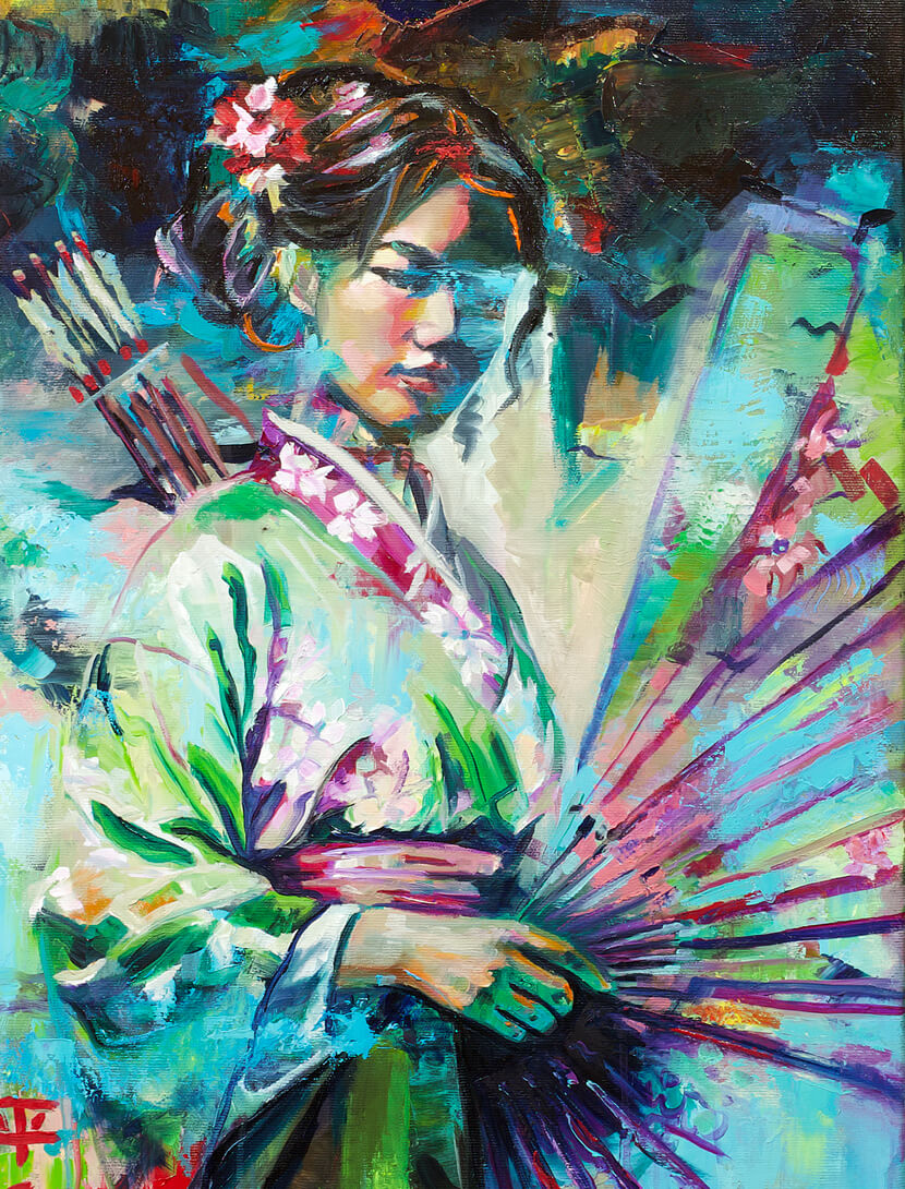 Die Wächterin des Gleichgewichts asiatische Frau im Kimono mit Kirschblüten, Fächer und Pfeilköcher – ein Symbol für Frieden, Stärke und Selbstbehauptung.