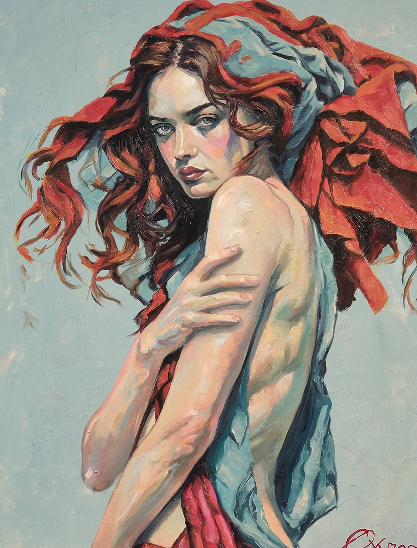 Eine Hommage an alle, die kämpfen, ohne das Schwert zu ziehen Stolze Frau mit rotem Haar, schützt ihren Körper mit einem Handtuch. Ihr Blick ruft unmissverständlich Finger weg!