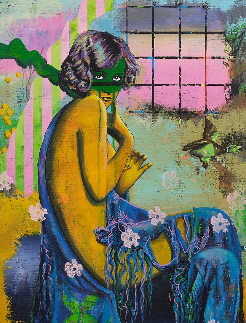 Dieses Werk ist eine Reise durch Farbe, Gefühl und Fantasie Frau halbnackt und verletzlich, aber stolz und in Art Deco Pose präsentiert. Langes blaues Kleid. Eine Ente zieht davon.