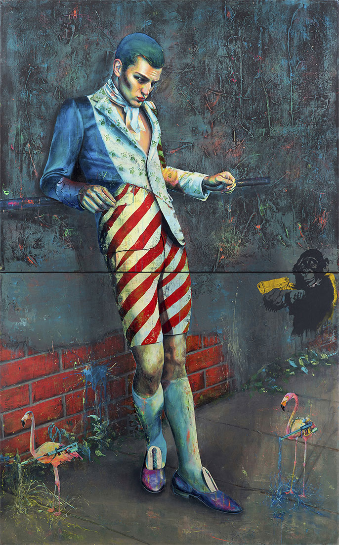 The Yellow Strawberry Tree – Zeitgenössische Kunst mit Ironie von Carolin Okon. Gemälde: Mann in blauem Jackett und gestreifter Shorts, Flamingos und Graffiti, Mischung aus Pop-Art und Ironie